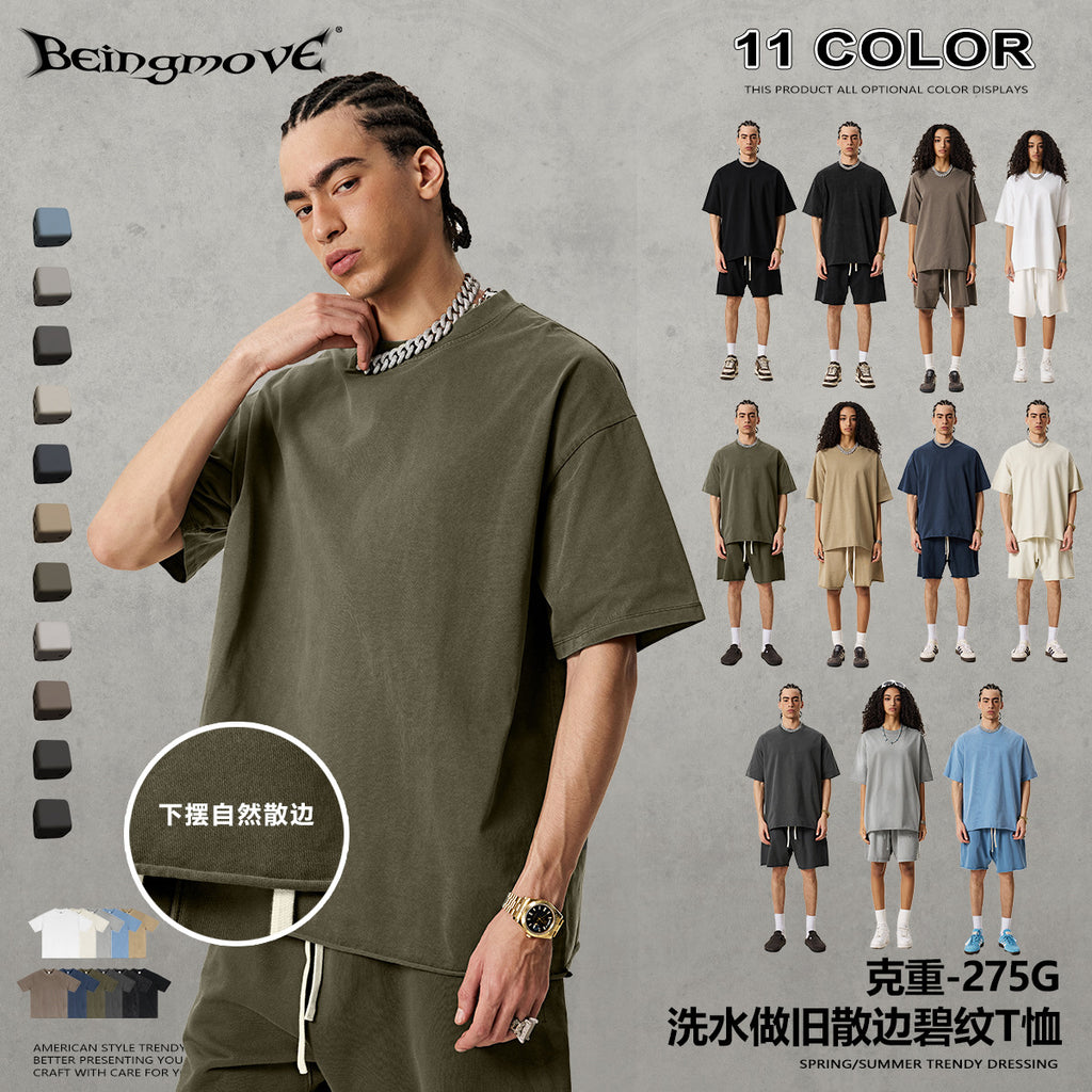 European-style all neckline T-shirt, loose blank shirt, solid color short-sleeved T-shirt, trendy for men