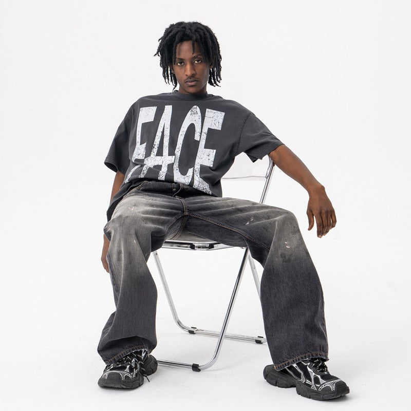 Lanhai Men's Wear American High Street letter-printed heavy round-neck short-sleeved T-shirt