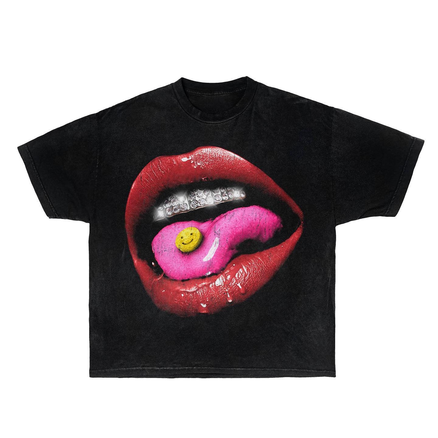 Men's clothing American-style lipstick, lips, iling face, street print wash short-sleeved T-shirt