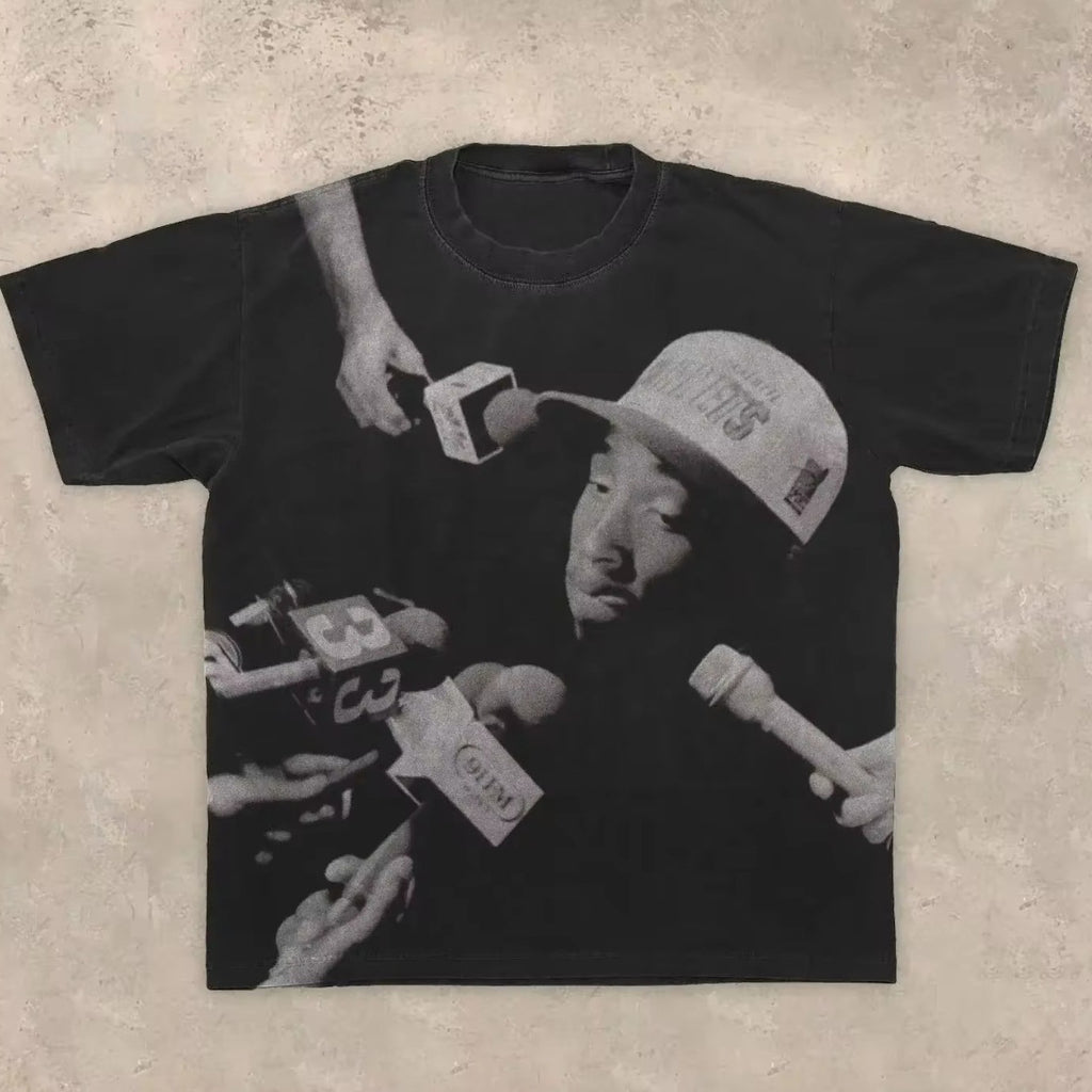 American character pattern printed T-shirt, casual oversized T-shirt, Harajuku Gothic men's T-shirt