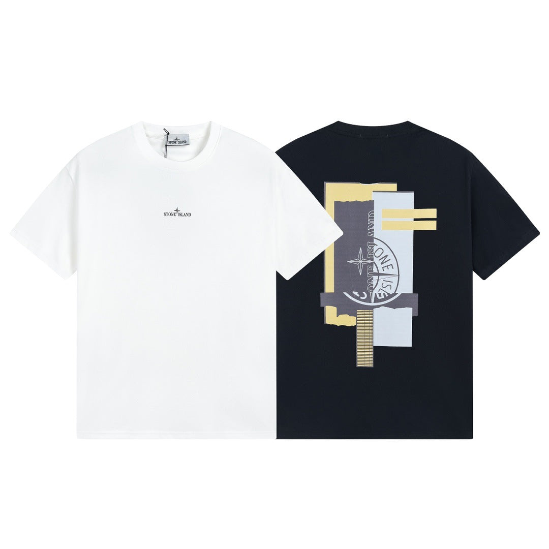 25ST letter series Rust compass front and back printed pattern Couple short-sleeved shirt