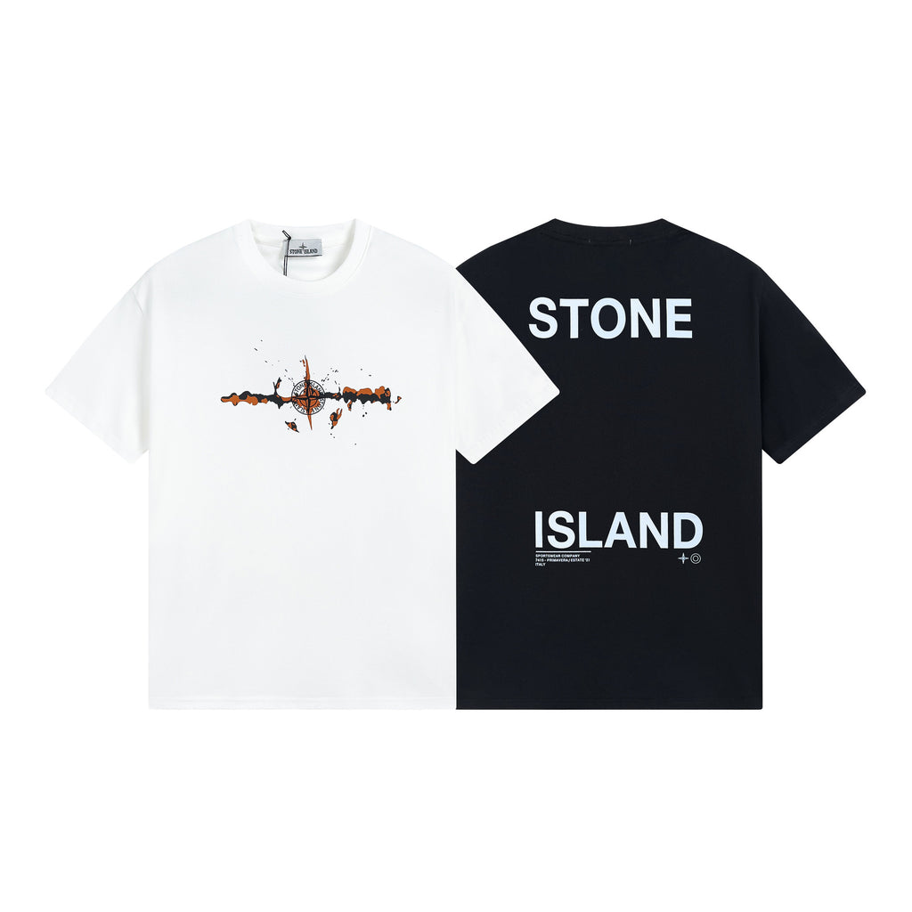 25ST letter series Rust compass front and back printed pattern Couple short-sleeved shirt