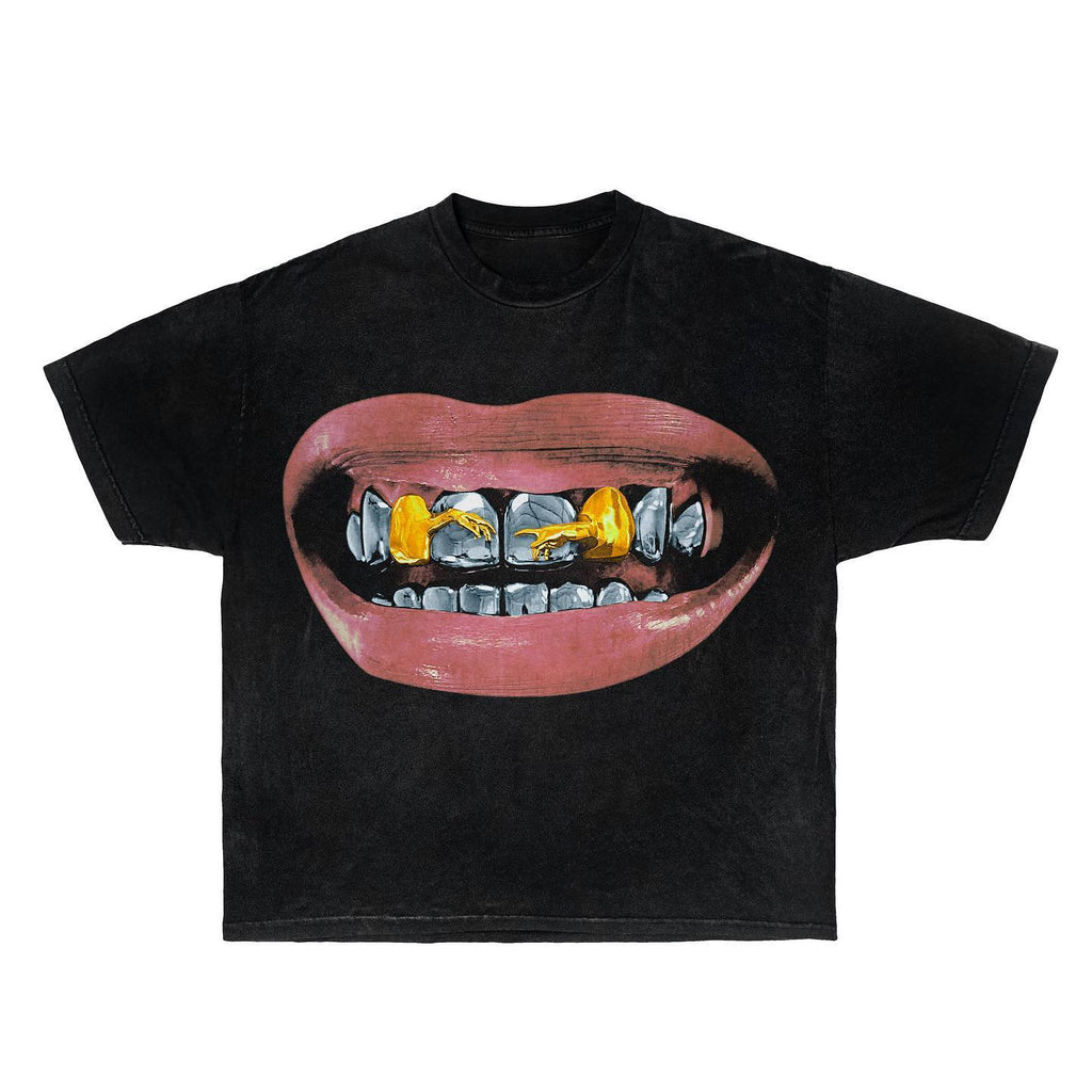 Men's clothing American-style lipstick, lips, iling face, street print wash short-sleeved T-shirt