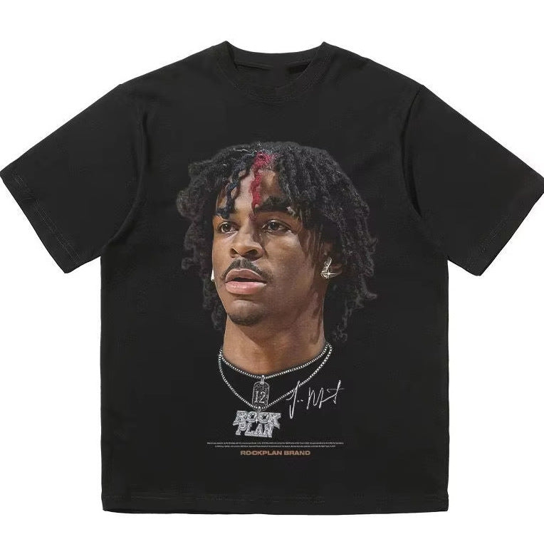 The American football star Morant printed short-sleeved T-shirt for men, with a high street design sense and loose top, is trendy